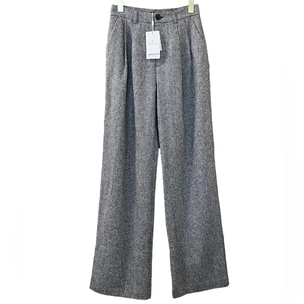 Anine Bing Pants Carrie Wool‎ Wideleg Trousers Black White Sz Xs 2